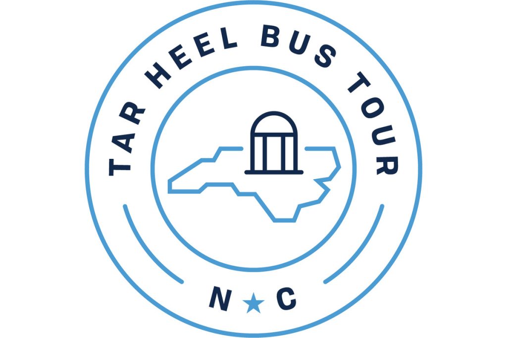 Tar Heel Bus Tour NC icon with the UNC-CH Old Well icon and outline of the state of North Carolina