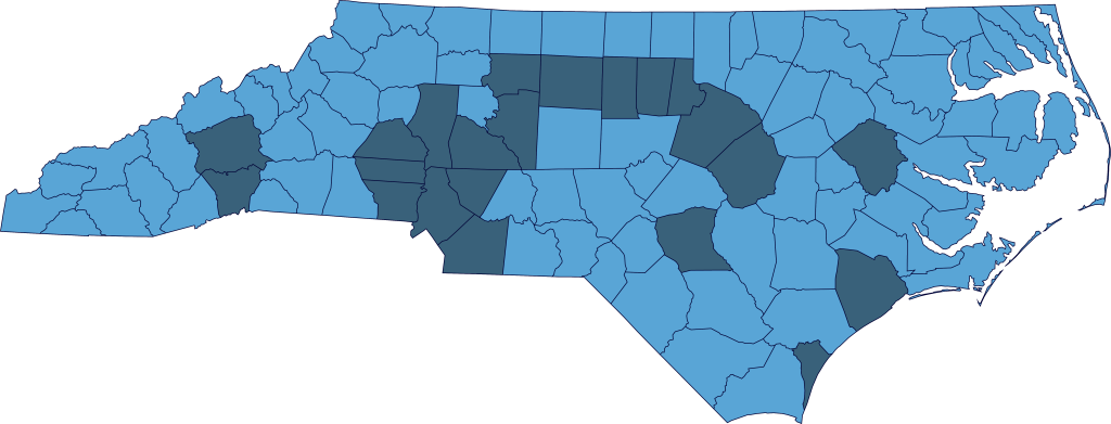 North Carolina map with each of its 100 counties outlined and highlighted based on if a Rural County (n=78) or Suburban/Urban County (n=22).