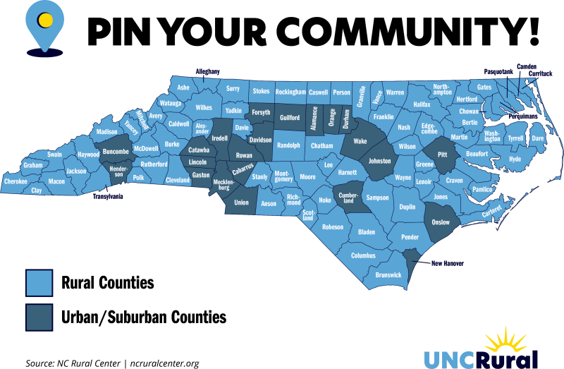 Pin Your Community: 78 North Carolina rural counties highlighted in light blue and 22 urban/suburban counties highlighted in dark blue.